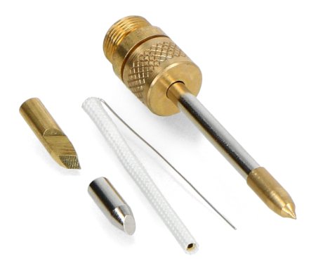 A set of soldering iron tips lies on a white background.