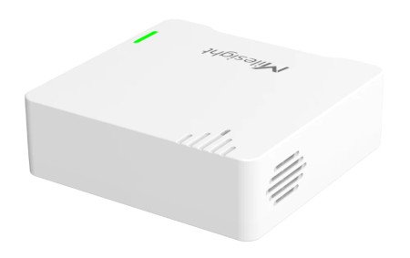 The white Lorawan sound level sensor lies rotated on a white background.