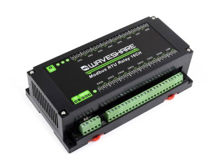 16-channel relay module with opto-isolation - 10 A / 250 V AC / 30 V DC contacts - 5 V coil - Modbus RS485 - Waveshare 17658